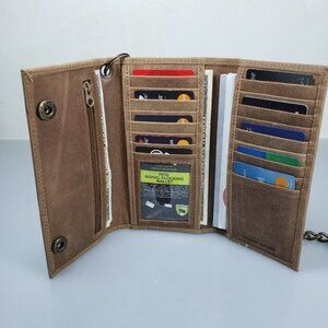 Men's Brown Leather Trifold Motorcycle Chain Deluxe Wallet RFID Check Book
